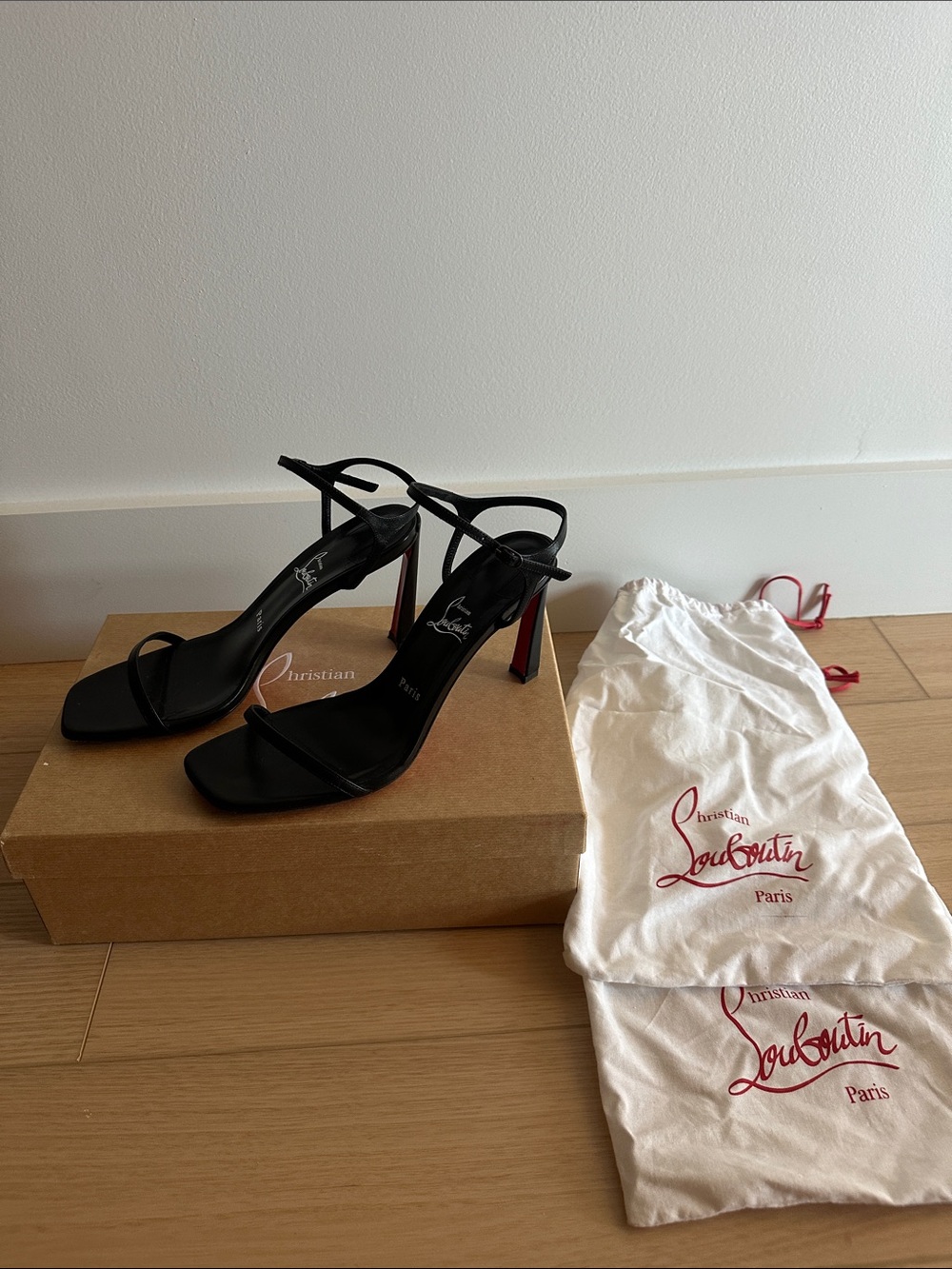 Christian Louboutin Black Leather Strappy High Heel Sandals with Red Soles